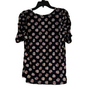 Loft Vintage Soft Navy & Pink Floral T-Shirt Puff Sleeves - Medium